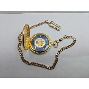 Waltham Quartz Pocket Watch Full Hunter Gold Tone Blue Skeleton Dial New Battery